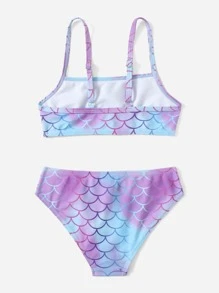 Young Girl Fish Scale Print Bikini Set Summer Beach - Purple - View 2