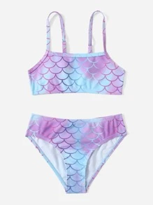 Young Girl Fish Scale Print Bikini Set Summer Beach - Purple - View 3
