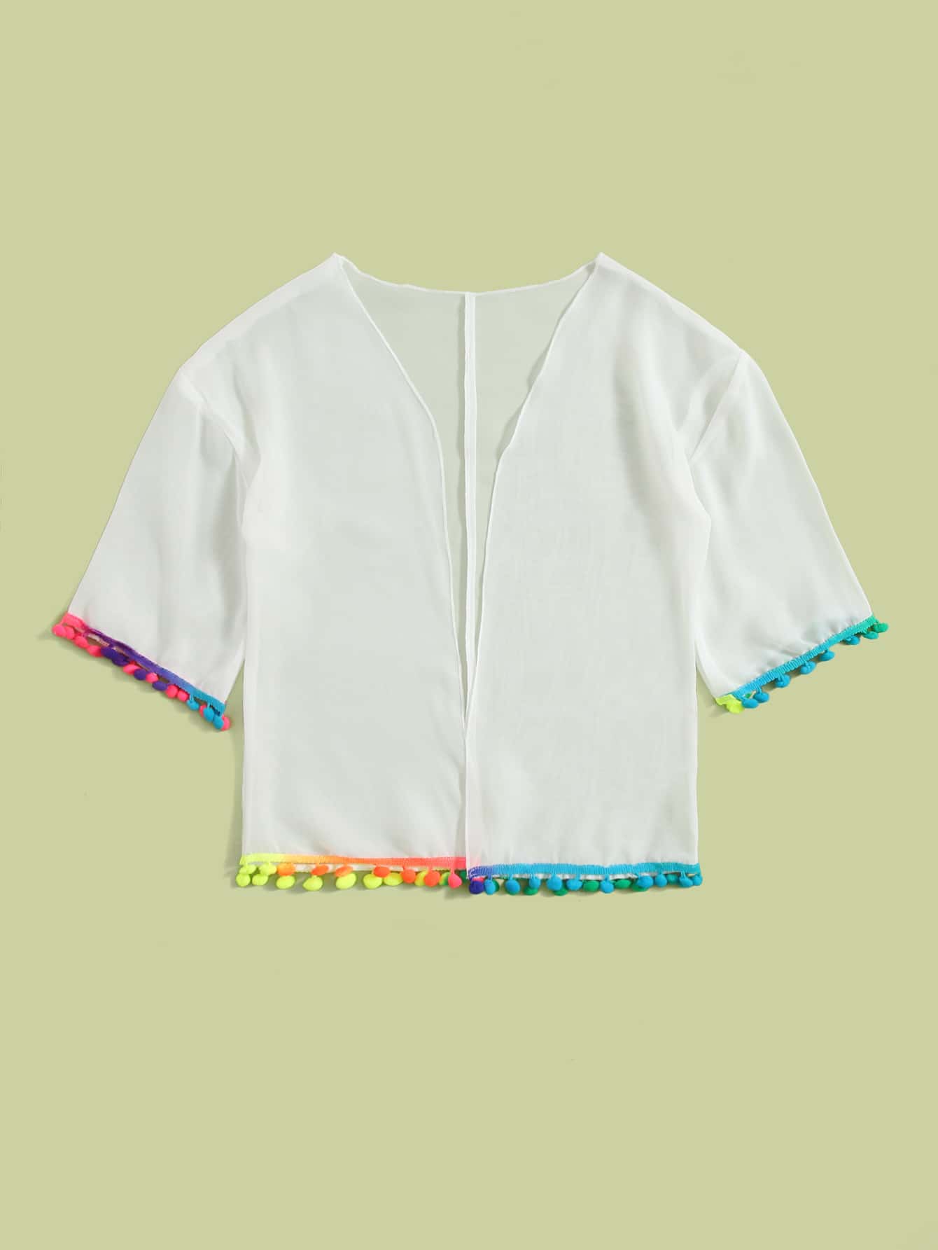 Girls Pompom Chiffon Kimono - White - View 1