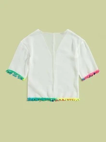 Girls Pompom Chiffon Kimono - White - View 2