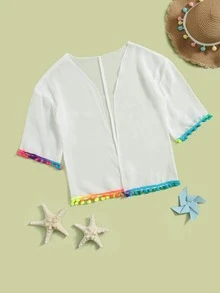 Girls Pompom Chiffon Kimono - White - View 5