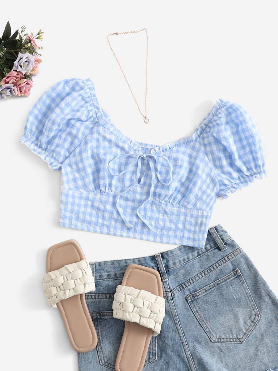 SHEIN Áo sơ mi nữ viền lá sen Thắt nơ trước Nếp gấp Phần Ngực Kẻ sọc Boho - Màu xanh nhạt - Xem 1