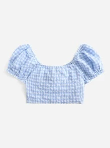 SHEIN Áo sơ mi nữ viền lá sen Thắt nơ trước Nếp gấp Phần Ngực Kẻ sọc Boho - Màu xanh nhạt - Xem 2