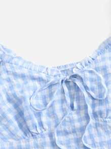 SHEIN Áo sơ mi nữ viền lá sen Thắt nơ trước Nếp gấp Phần Ngực Kẻ sọc Boho - Màu xanh nhạt - Xem 3