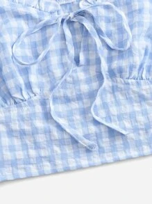 SHEIN Áo sơ mi nữ viền lá sen Thắt nơ trước Nếp gấp Phần Ngực Kẻ sọc Boho - Màu xanh nhạt - Xem 4