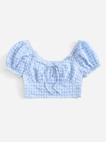 SHEIN Áo sơ mi nữ viền lá sen Thắt nơ trước Nếp gấp Phần Ngực Kẻ sọc Boho - Màu xanh nhạt - Xem 5