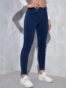 SHEIN Essnce Elastic Waist Skinny Jeans - Dark Wash - View 4