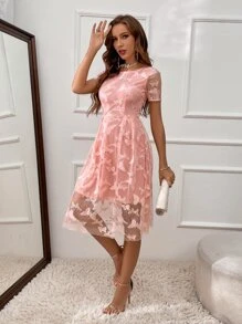 SHEIN Clasi Butterfly Print Popover Hem Dress - Coral Pink - View 3