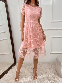 SHEIN Clasi Butterfly Print Popover Hem Dress - Coral Pink - View 5