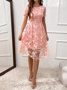 SHEIN Clasi Butterfly Print Popover Hem Dress - Coral Pink - View 6