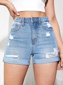 Quần short denim nữ Nút Túi Bị tách Dây kéo màu trơn - Rửa nhẹ - Xem 1