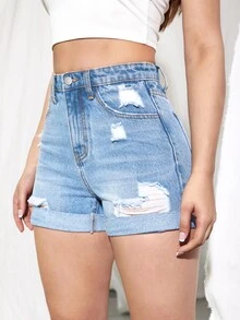 Quần short denim nữ Nút Túi Bị tách Dây kéo màu trơn - Rửa nhẹ - Xem 6