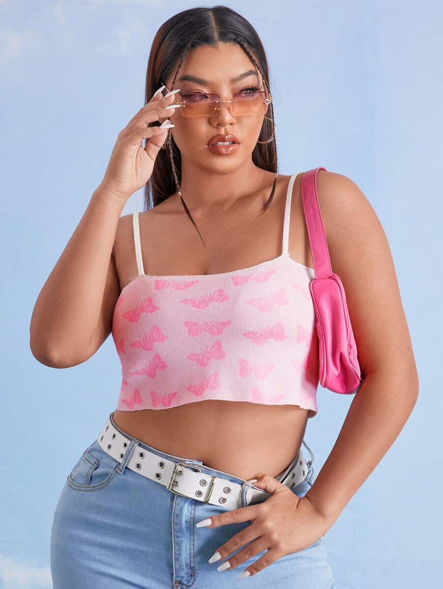 SHEIN Plus Butterfly Pattern Cami Crop Knit Top - Pink - View 1