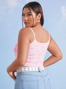 SHEIN Plus Butterfly Pattern Cami Crop Knit Top - Pink - View 2