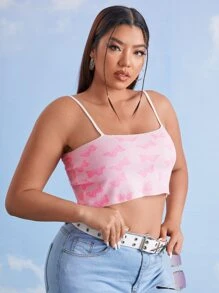 SHEIN Plus Butterfly Pattern Cami Crop Knit Top - Pink - View 3