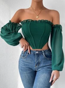 Allurite 一字肩褶邊不對稱下擺短款上衣 - 墨綠色 - 查看 3