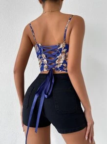 SHEIN VCAY 1pc Floral Print Lace Up Back Crop Cami Top - Multicolor - View 2