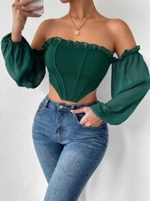 Allurite 一字肩褶邊不對稱下擺短款上衣 - 墨綠色 - 查看 6