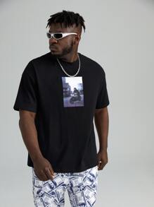 Manfinity Men Plus Figure Graphic Drop Shoulder Tee - Black - View 1