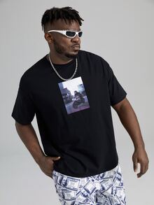 Manfinity Men Plus Figure Graphic Drop Shoulder Tee - Black - View 3