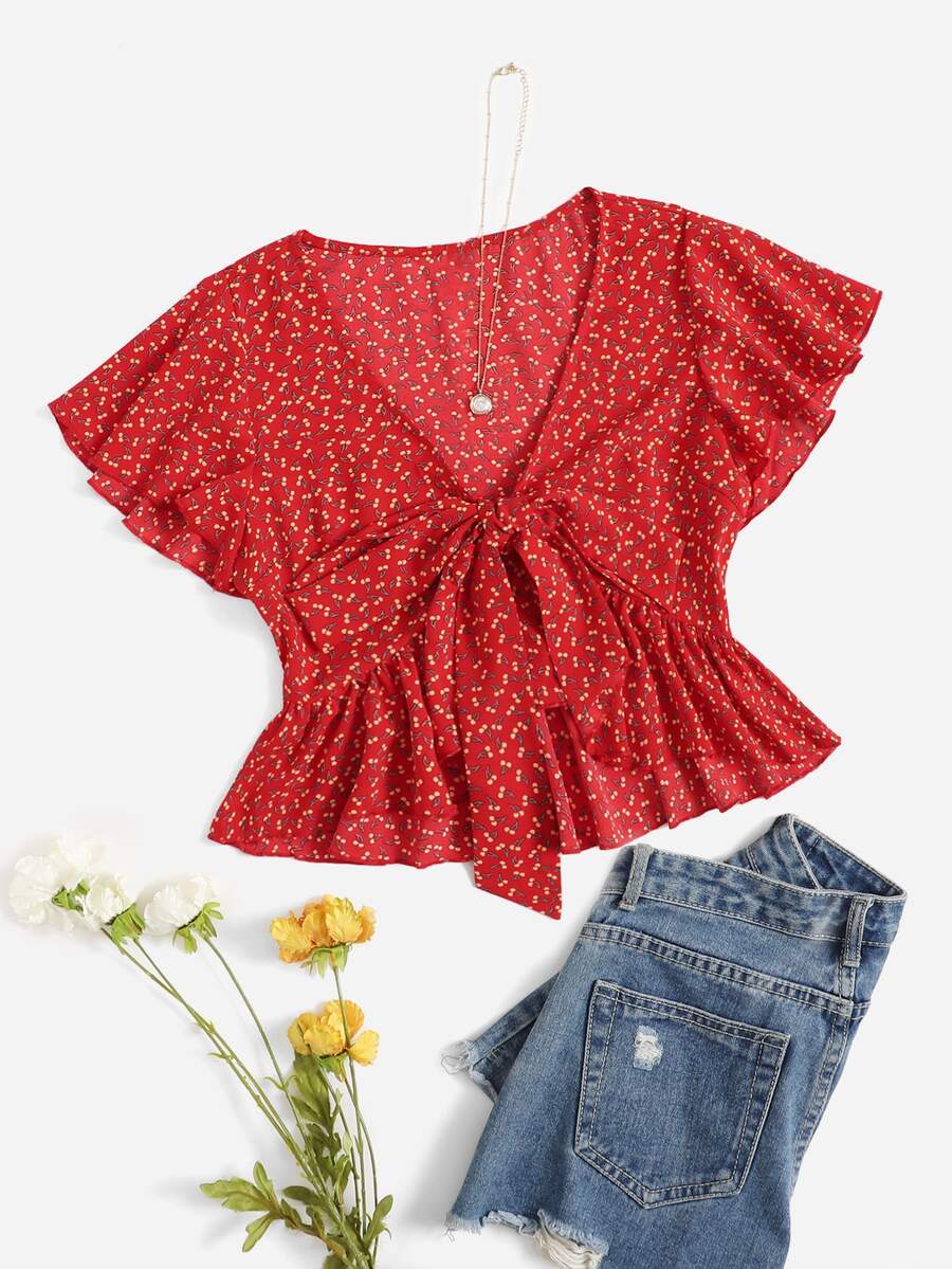 SHEIN Ditsy Floral Print Tie Front Ruffle Hem Blouse - Red - View 1