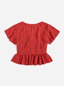 SHEIN Ditsy Floral Print Tie Front Ruffle Hem Blouse - Red - View 2