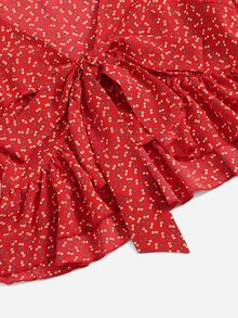 SHEIN Ditsy Floral Print Tie Front Ruffle Hem Blouse - Red - View 3