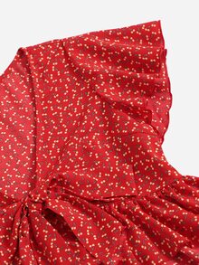SHEIN Ditsy Floral Print Tie Front Ruffle Hem Blouse - Red - View 4