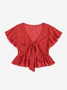 SHEIN Ditsy Floral Print Tie Front Ruffle Hem Blouse - Red - View 5
