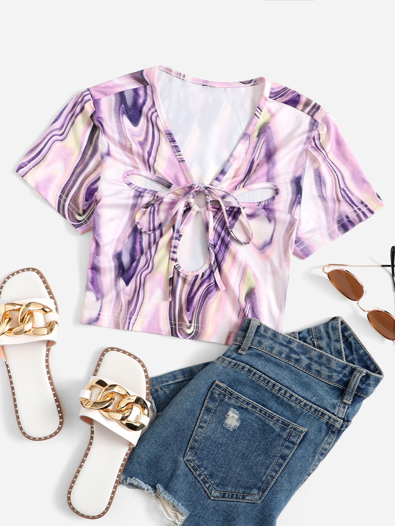 SHEIN Marble Print Tie Front Cut Out Crop Tshirt SHEIN USA