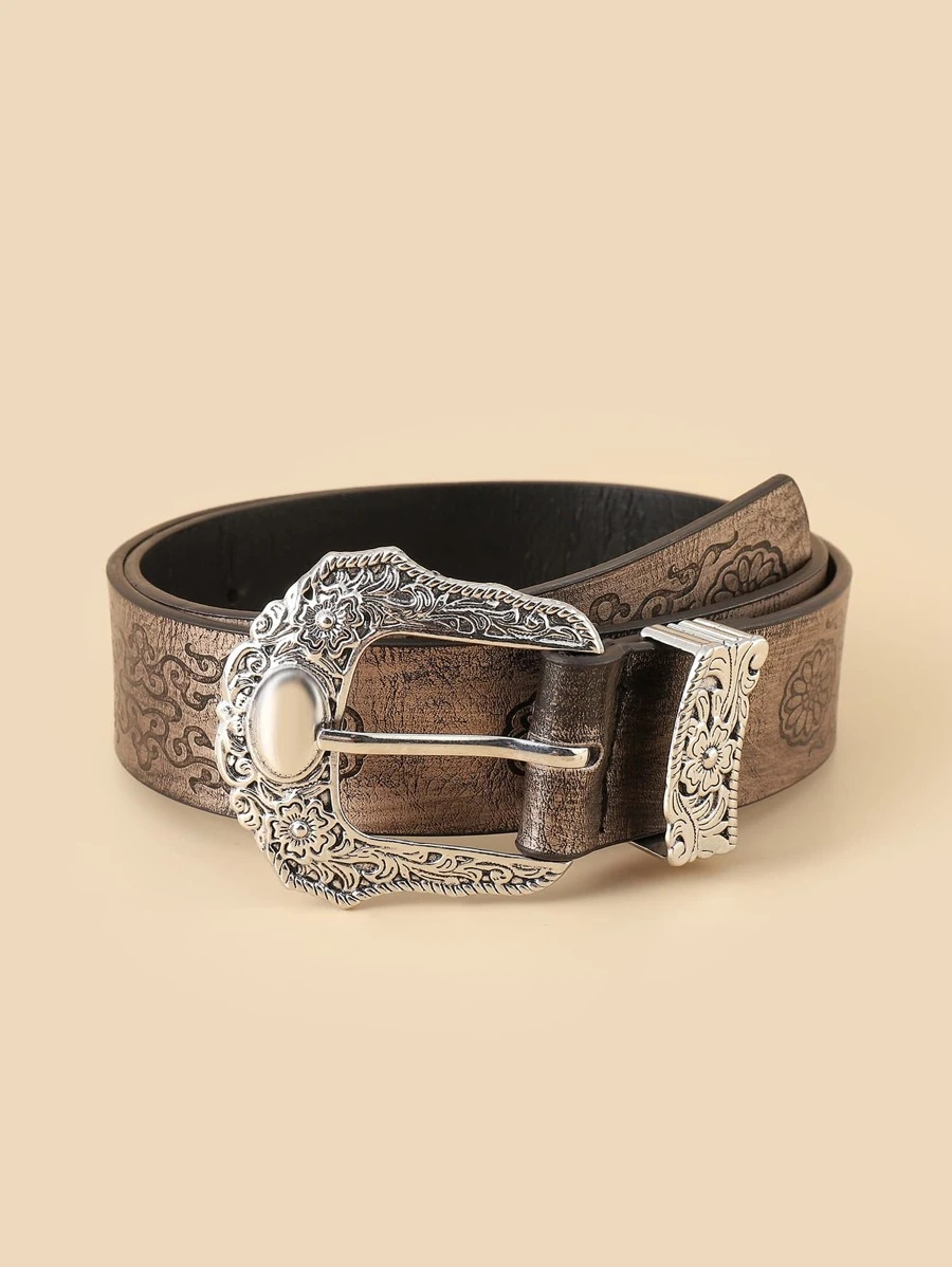 紋理質感扣飾花卉圖案皮帶附打孔工具 - 香檳色 - 查看 1