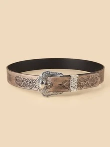 紋理質感扣飾花卉圖案皮帶附打孔工具 - 香檳色 - 查看 2