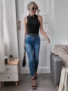 SHEIN Essnce Stand Collar Rib-knit Tank Top - Black - View 3