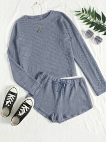 华夫格针织上衣和短裤休闲套装