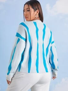 SHEIN áo hở cổ kích thước lớn Nút phía trước Sọc Giải trí - Xanh và trắng - Xem 2