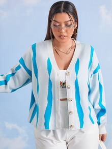 SHEIN áo hở cổ kích thước lớn Nút phía trước Sọc Giải trí - Xanh và trắng - Xem 3