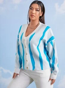 SHEIN áo hở cổ kích thước lớn Nút phía trước Sọc Giải trí - Xanh và trắng - Xem 4