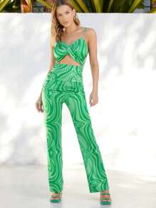SHEIN 大理石圖案褶邊鏤空連身褲 - 綠色 - 查看 1