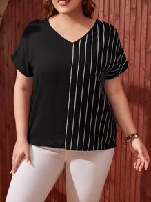 EMERY ROSE Plus V-neck Batwing Sleeve Striped Print Top - Black - View 1