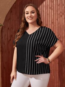 EMERY ROSE Plus V-neck Batwing Sleeve Striped Print Top - Black - View 3