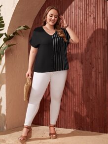 EMERY ROSE Plus V-neck Batwing Sleeve Striped Print Top - Black - View 4