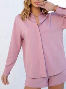 SHEIN Bộ đồ hai mảnh nữ Túi Dây kéo Nút phía trước màu trơn Giải trí - Màu Lilac Tím - Xem 4