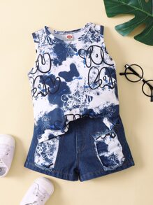 嬰兒字母圖案背心上衣和牛仔短褲 - 藍白色 - 查看 3