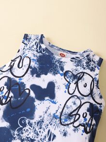 嬰兒字母圖案背心上衣和牛仔短褲 - 藍白色 - 查看 4