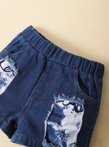 嬰兒字母圖案背心上衣和牛仔短褲 - 藍白色 - 查看 5