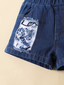 嬰兒字母圖案背心上衣和牛仔短褲 - 藍白色 - 查看 6