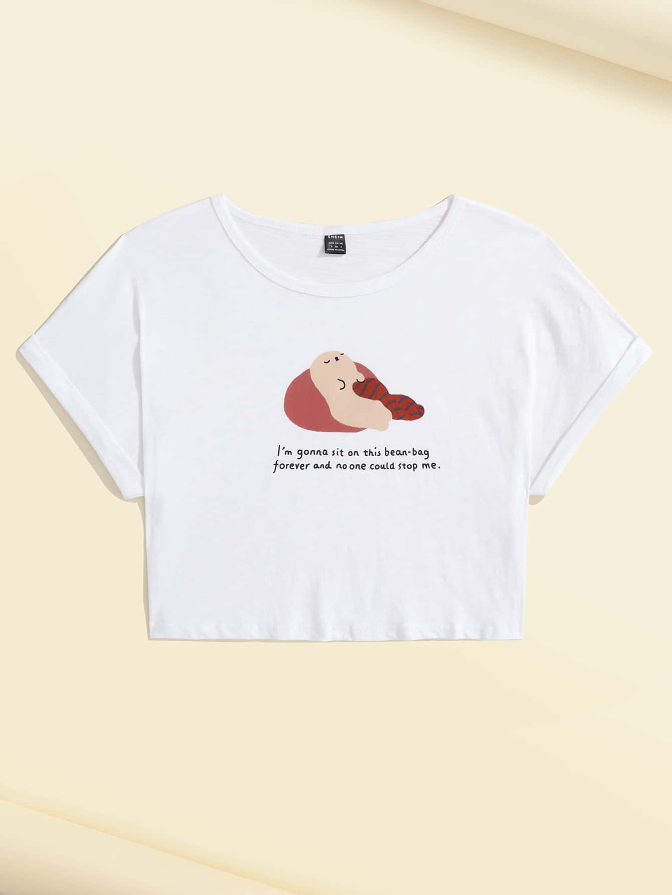 Wang xx Cartoon and Slogan Graphic Cuffed Sleeve Tee - White - View 1