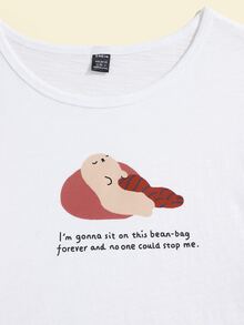 Wang xx Cartoon and Slogan Graphic Cuffed Sleeve Tee - White - View 3