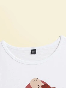 Wang xx Cartoon and Slogan Graphic Cuffed Sleeve Tee - White - View 4