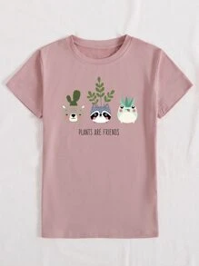 SHEIN LUNE Camiseta con estampado de slogan y dibujos animados - Rosa Pálido - Ver 4